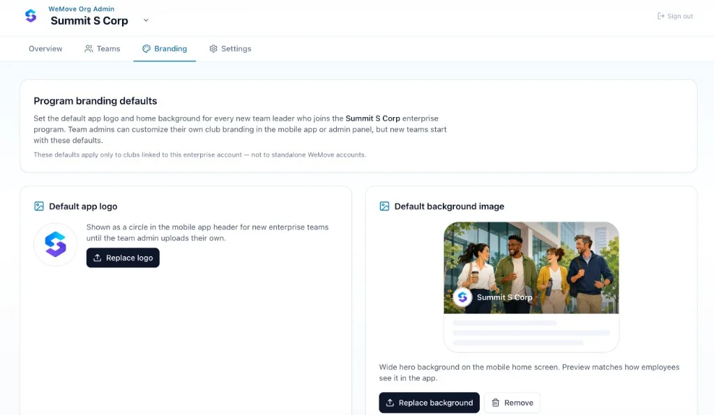 WeMove org admin branding settings with default app logo and home background preview