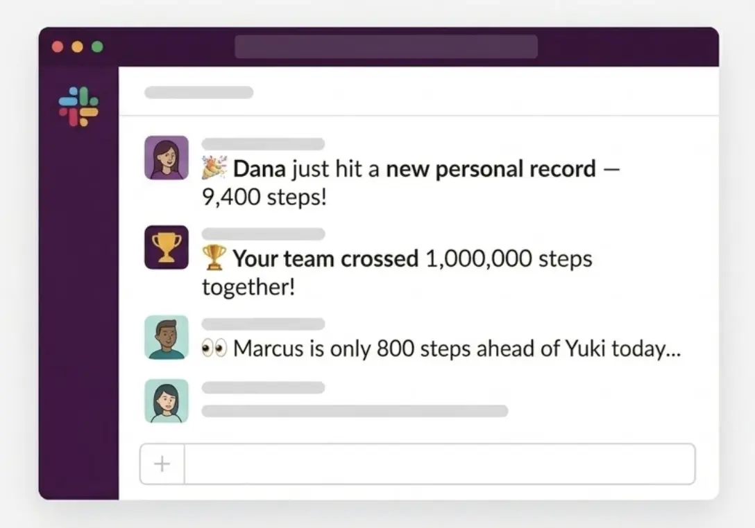 Slack channel showing WeMove step challenge notifications including personal records, team milestones, and friendly nudges