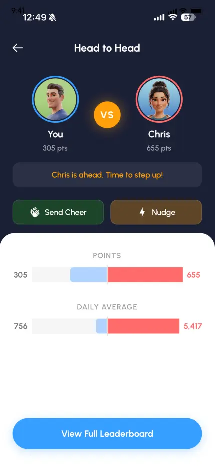 My Crew feature showing head-to-head step comparison between matched walking buddies
