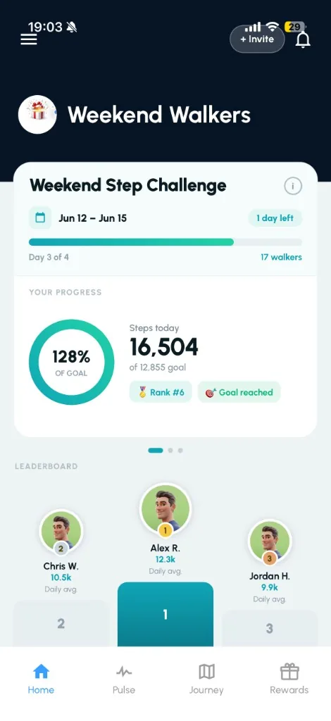 WeMove app home screen showing Weekend Step Challenge progress and leaderboard