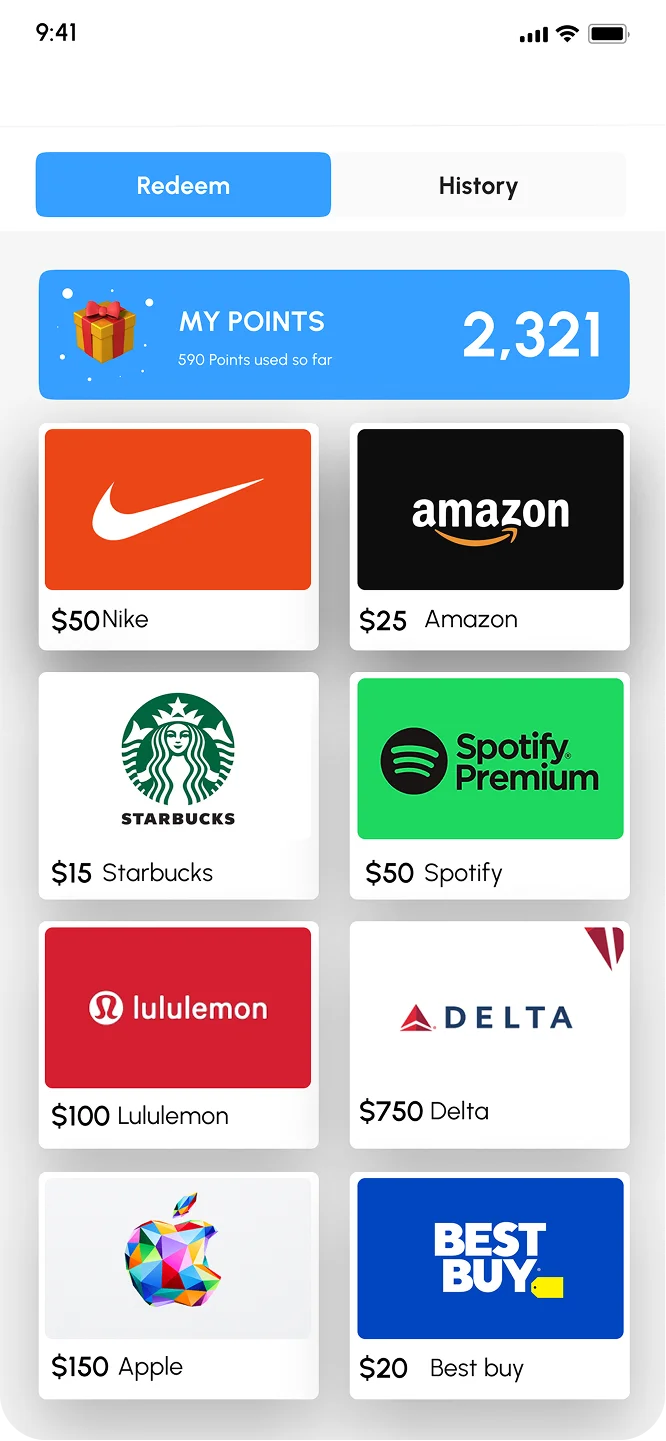 WeMove rewards store showing gift cards from Nike, Amazon, Starbucks, Spotify, Lululemon, and more