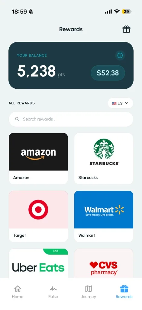 WeMove rewards store with points balance and gift cards from Amazon, Starbucks, Target, and more