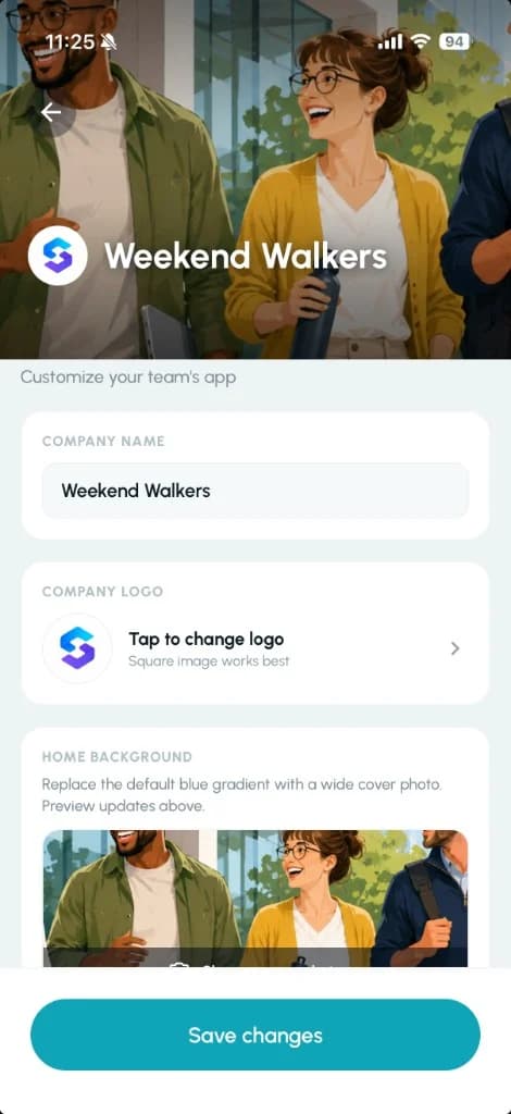 WeMove admin screen to customize team app with company name, logo, and home background
