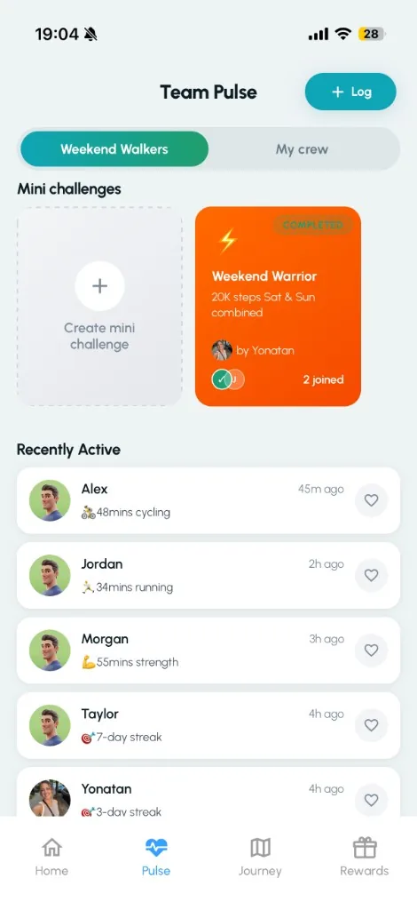 Team Pulse showing mini challenges, activity feed, and member interactions